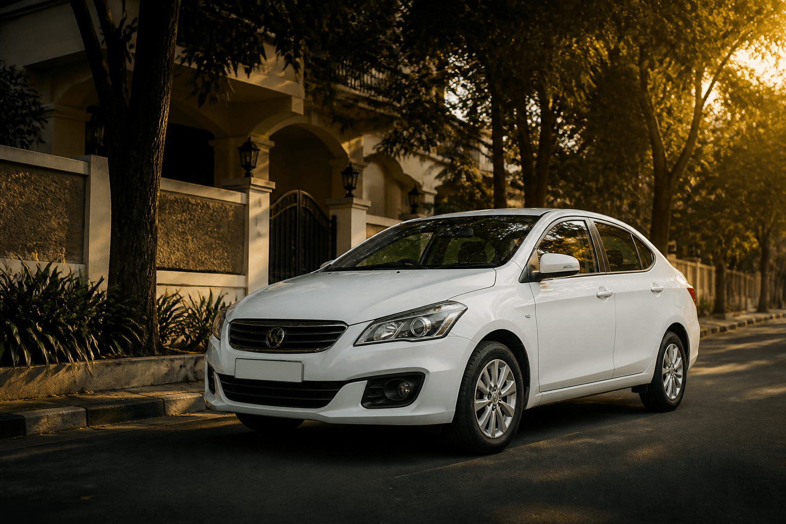 Clean white Rathya sedan for local hourly travel in an Indian city