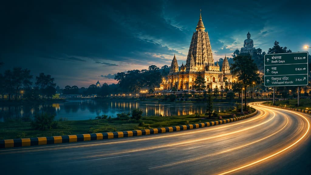 Night view toward Mahabodhi Temple from Gaya road with Bodh Gaya direction sign