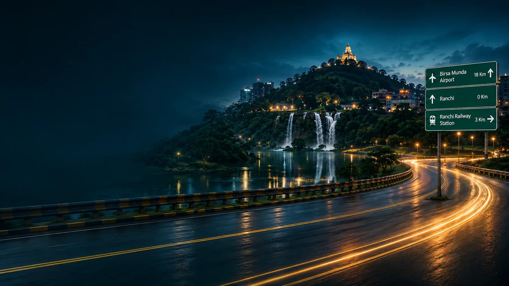 Night road toward Ranchi with Birsa Munda Airport sign, waterfalls and illuminated hill temple