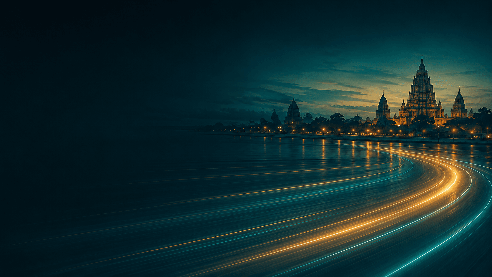 Gaya and Bodh Gaya inspired night route background with gold and teal motion trails