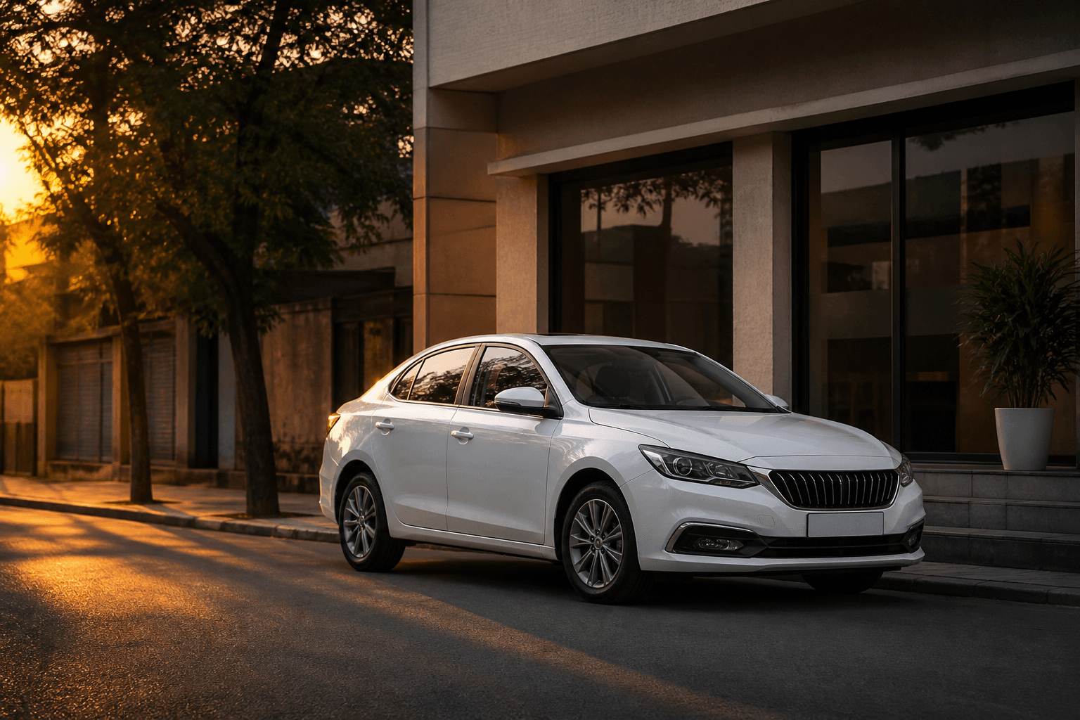 White Rathya sedan outside a modest professional travel office in Gaya