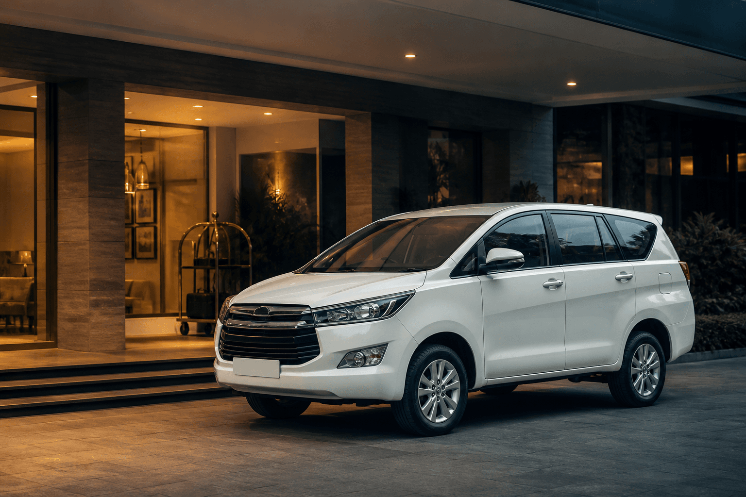 Executive white Rathya vehicle near a business hotel entrance