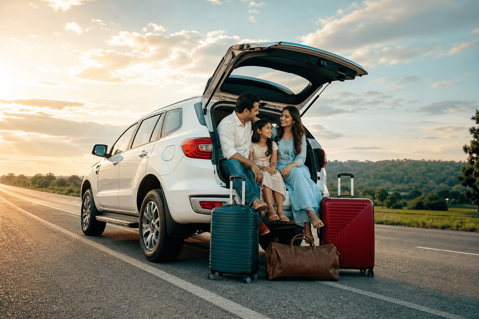White Rathya outstation cab on an open highway with luggage