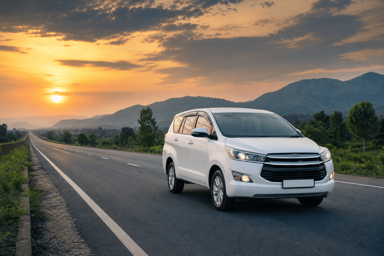 White Rathya vehicle on an open Bihar Jharkhand highway at dusk