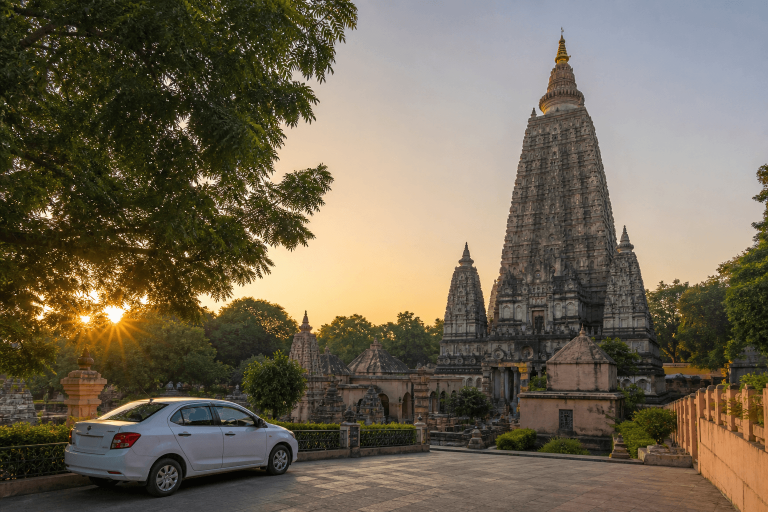 White Rathya taxi near the Mahabodhi Temple area in Bodh Gaya